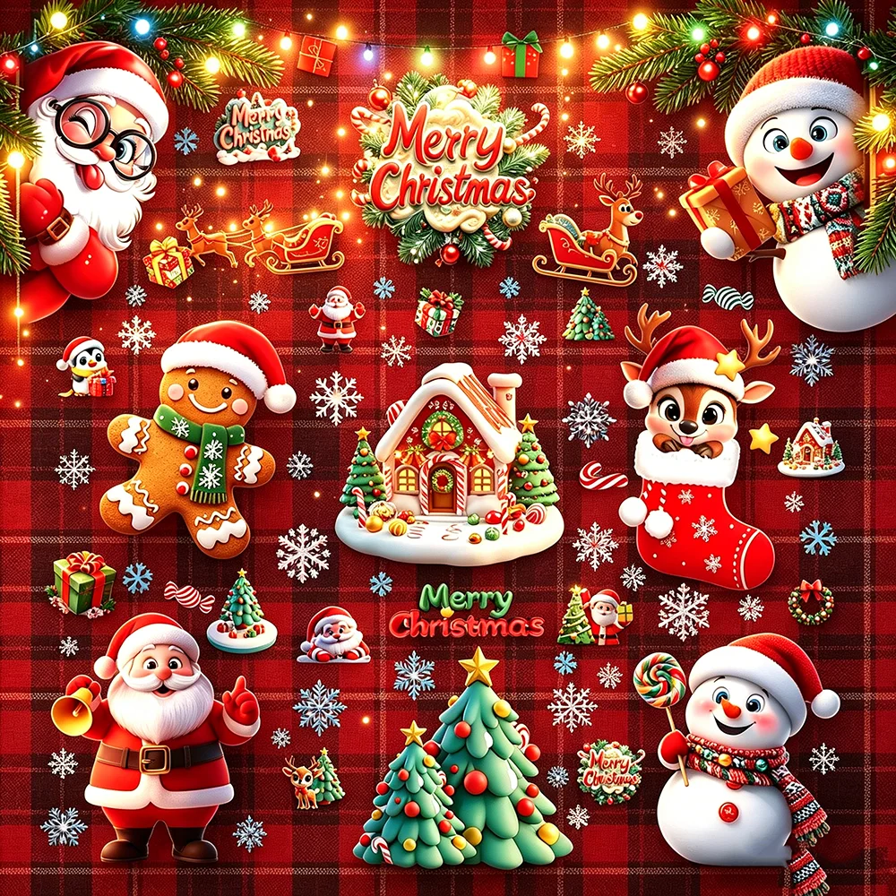 Autocollants statiques de Noël avec motifs de bonhomme en pain d'épices, bonhomme de neige, flocon de neige et Père Noël pour décorer les fenêtres pour les scènes de fête de Noël
