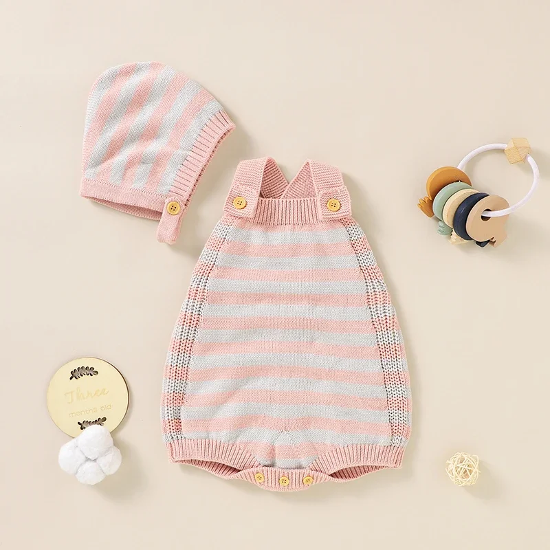 Baby Bodysuit Cotton Knitted Infant Girl Jumpsuit Fashion Striped Clothes Hat Newborn Overalls Sleeveless 0-18M Sling Romper 2PC