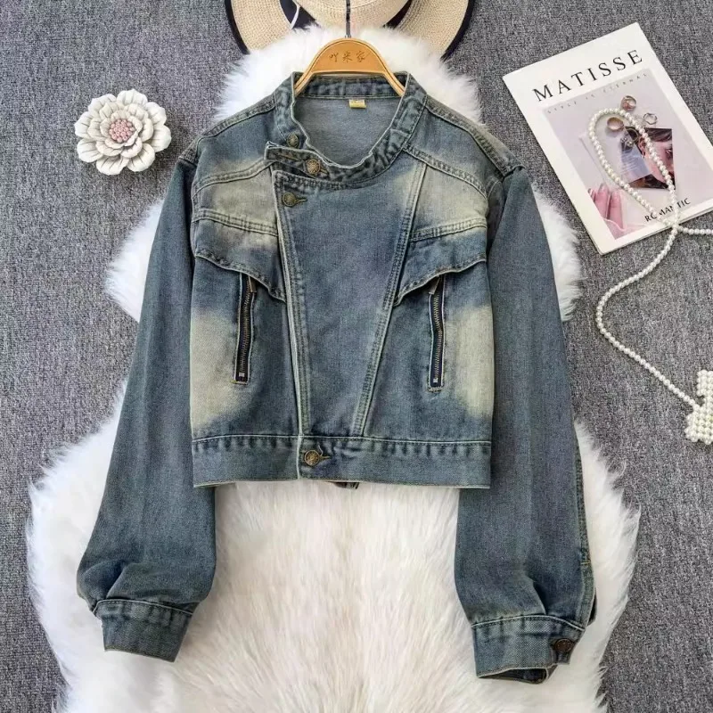 

Women Denim Jacket 2025 New American Style Vintage Stand Collar Long Sleeve Button Zipper Splicing Light Blue Coat Female Trendy