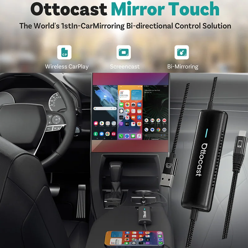 Ottocast Mirror Touch Bi-Mirroring Wireless CarPlay Adapter Bi-Directional Control Video Box for iPhone Android Car Accessories