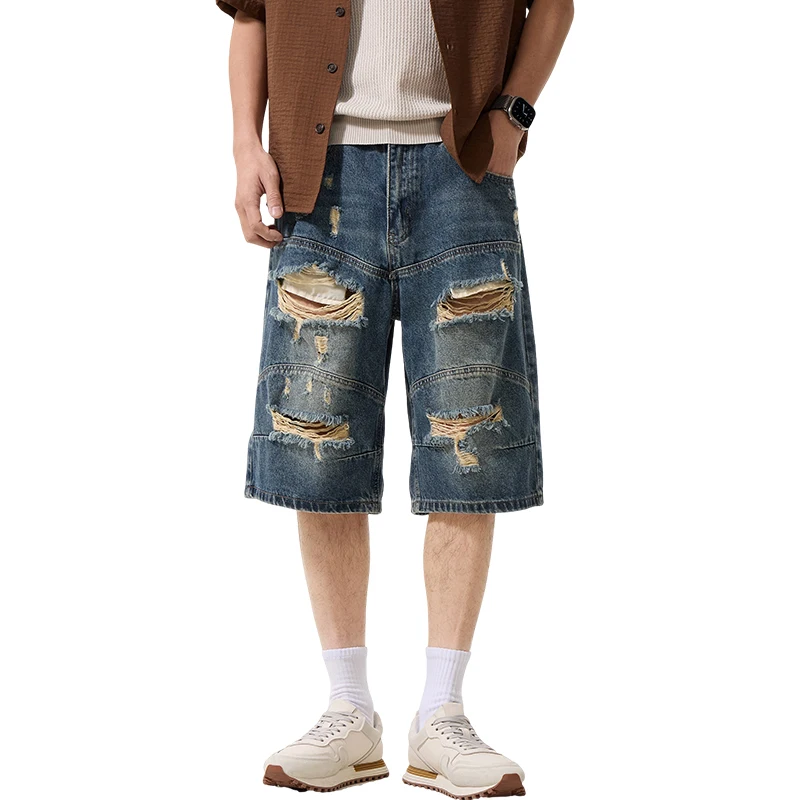 High Street Ribbed Jeans Men Streetwear Fashion Broken Hole Washed Denim Loose Casual Hip Hop Ripped Shorts Short Jeans Pants