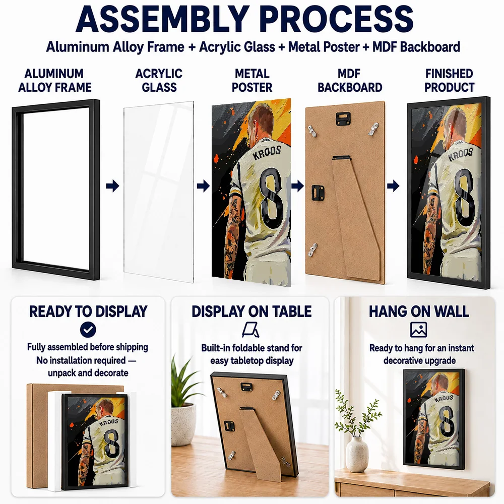 Toni Kroos Football Framed Aluminum Metal Poster Personalized Illustrated Wall Art For Sports Memorabilia Room, Soccer Fan Gift