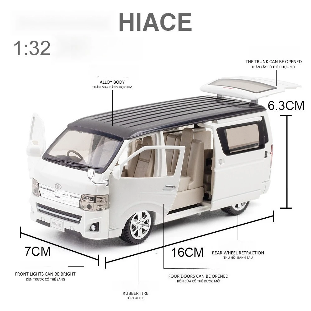 1:32 Scale HIACEของเล่นรถรุ่นโลหะผสมDiecast MPVประตูเปิดดึงกลับเสียงธุรกิจกระเป๋าเดินทางนําเสนอสําหรับชาย