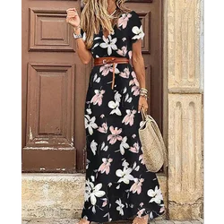 Retro Casual women Long Dress short sleeve print Bohemian Beach Dress prairie chic Holiday Dress Lady Elegant Part Dress Black