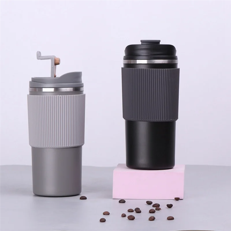 ABLN-Caza de café Taza de viaje con agarre de silicona resistente al calor de doble pared, tazas portátiles ecológicas con tapa a prueba de fugas
