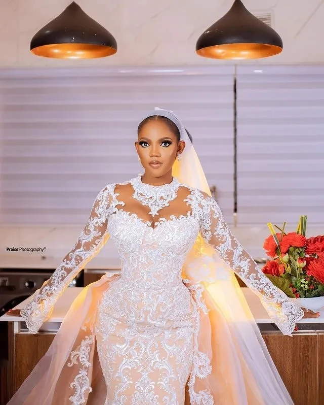 Champagne African Wedding Dresses Mermaid Long Sleeves Tulle Lace Aso Ebi Women Bridal Wedding Gowns For Black Girls Customized