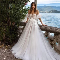 Customized New Vintage Strapless Puff Sleeves Lace Appliques A Line Wedding Dresses 2023 Open Back Court Train Tulle Bridal Gown