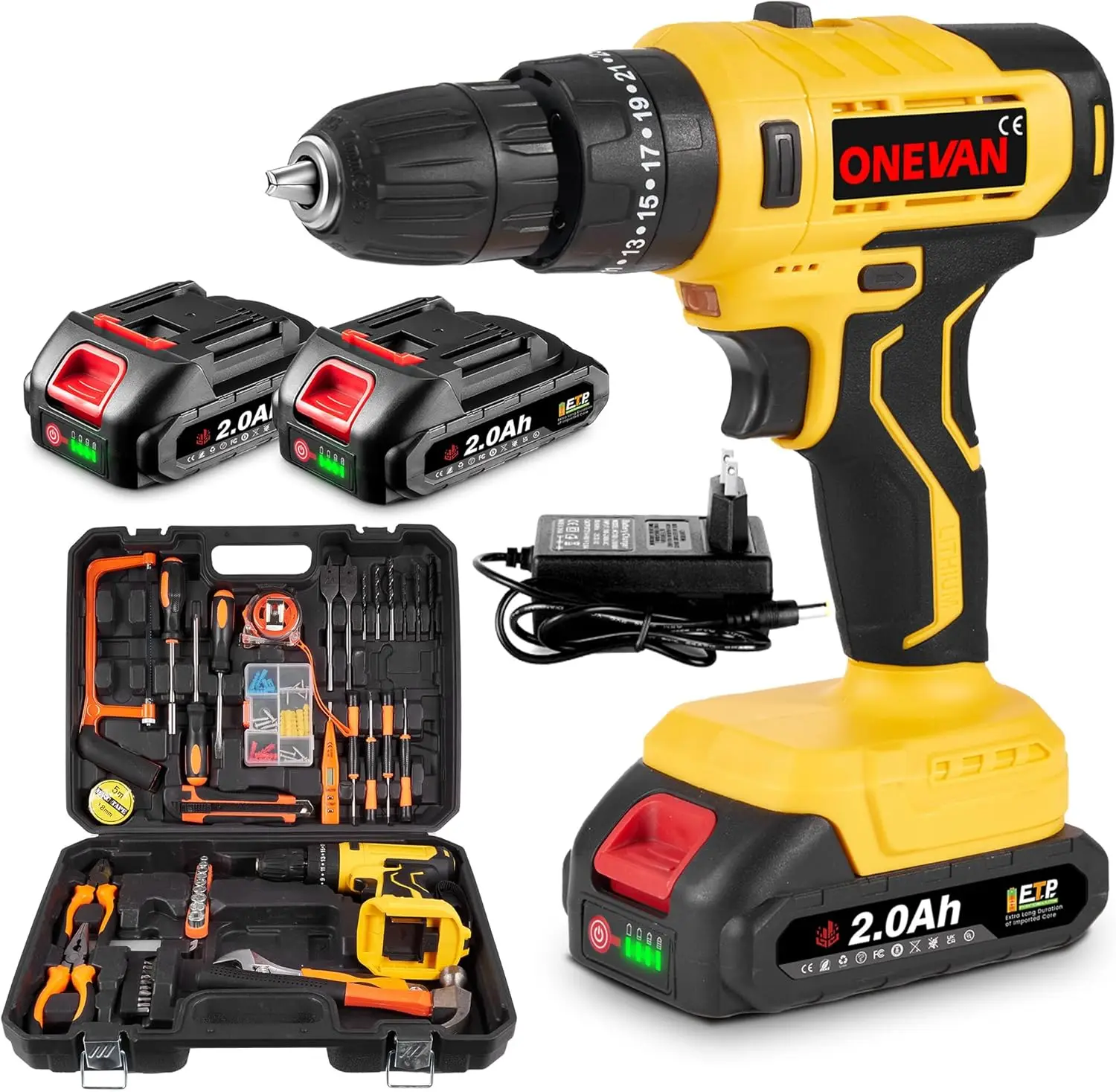 

21V Power Drill Set with LED Digital Display, 118PCS Cordless Drill Kit with 2 x 2.0Ah Battery, Tool Set with Electric Drill, 0-