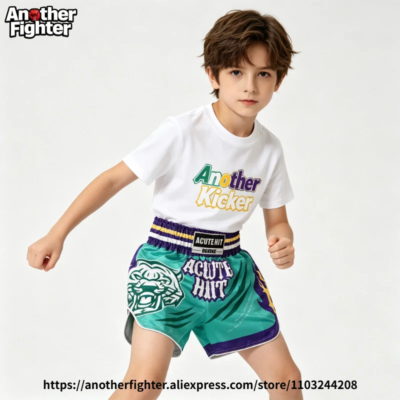 Green Purple Tiger Muay Thai Shorts Elastic Waist Satin Kickboxing Boxing Trunks Men Women Kids MMA Martial Arts Sparring Pants
