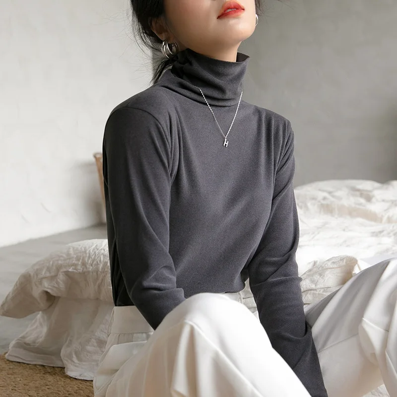 Stylish Double-Sided Fleece Elegant Turtleneck T-Shirts for Women Autumn Winter Lady Casual Warm Aesthetic  Tops Cheap Wholesale