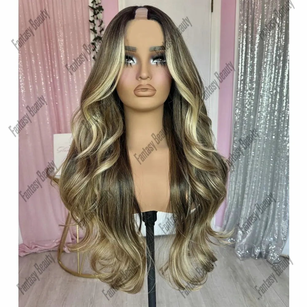 Highlight Blonde Ombre Brown V Part Wig Human Hair for Women 180 Density Brazilian Remy Hair Wigs Middle 1*4 Open U part Wigs