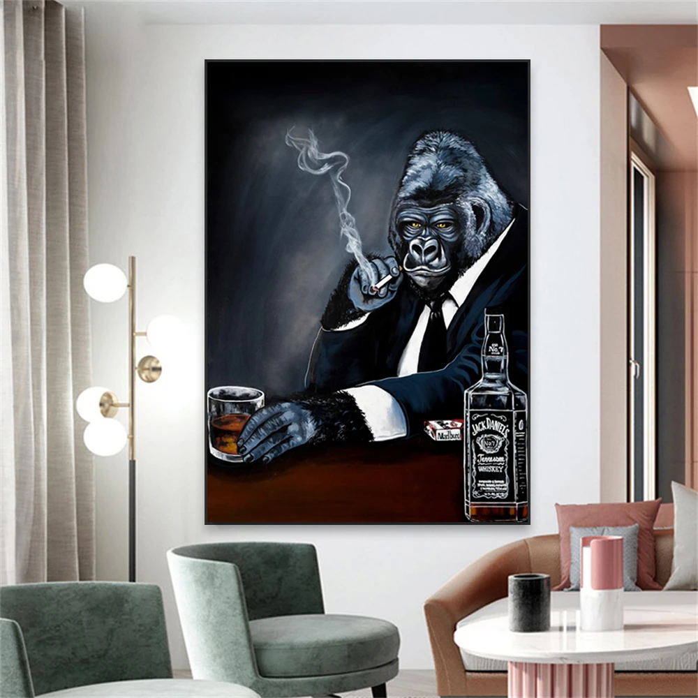 Colorful Graffiti Art Chimpanzee Animal Poster Smoking Drinking Wall Art Print Home Kitchen Funny Canvas Painting Bar Wall Decor