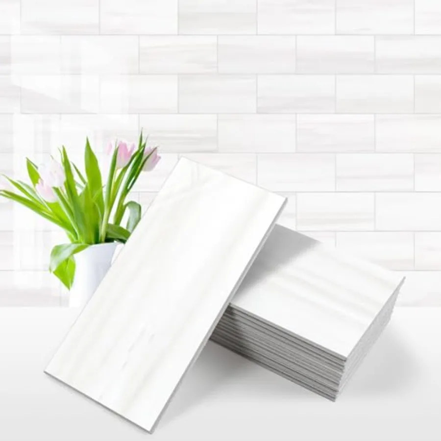 

100-Piece Glossy Dolomite White Peel and Stick Backsplash Tile3''x6'' PVC Subway Tile with White Grout Stick on Backsplash for