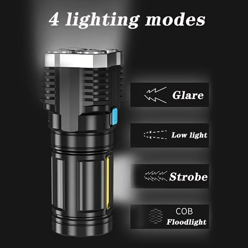 4-core High Power LED Flashlights Outdoor Camping Torch With 4 Lamp Beads And COB Side Light Rechargeable Portable Hand Lantern