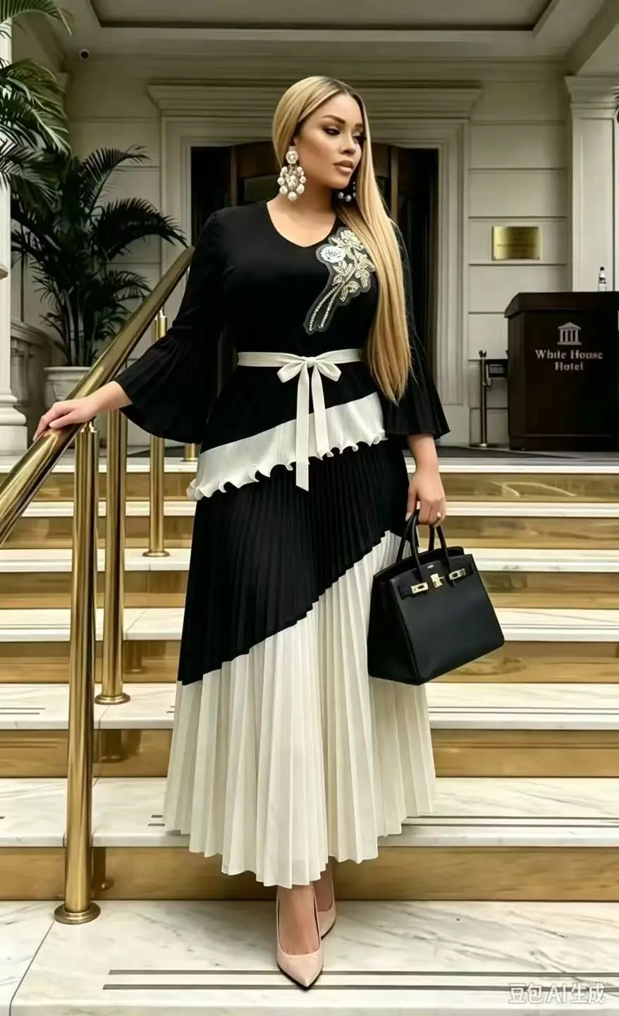 Miyake High-end Color Matching Pleated Long Dress Set Temperament V-neck Women's Autumn New Dress Two-piece Set