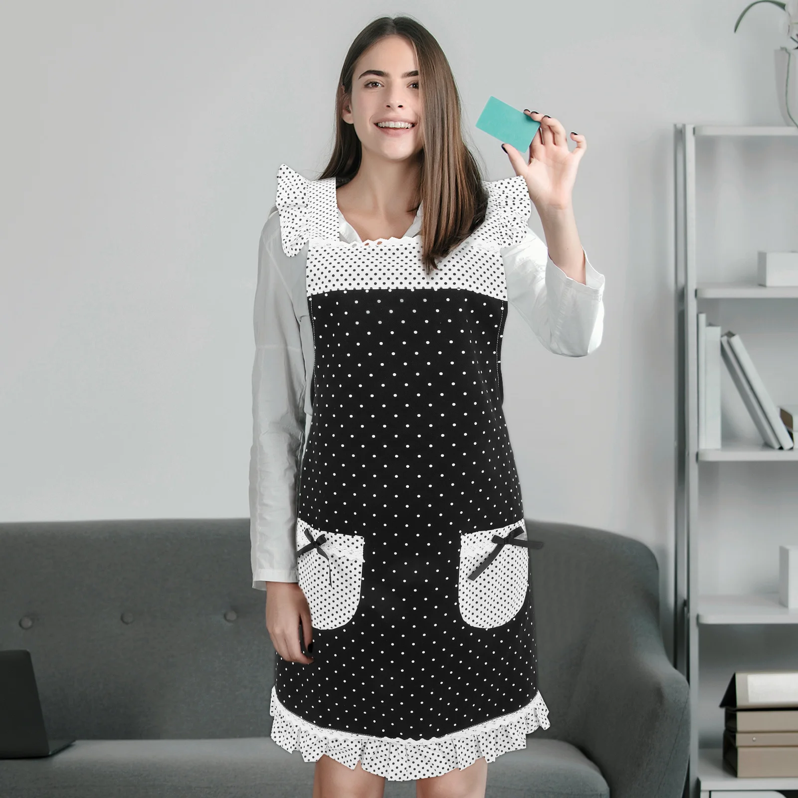 

Vintage Lace Dot Apron For Women Stylish Cooking Baking Cleaning Oil Resistant Polyester Waist Apron Retro Kitchen
