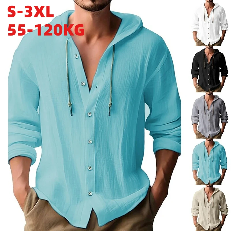 

Летняя мужская рубашка из хлопка и льна, однотонная, в стиле стритвир, с длинным рукавом, с капюшоном, на пуговицах, повседневная, свободного кроя
