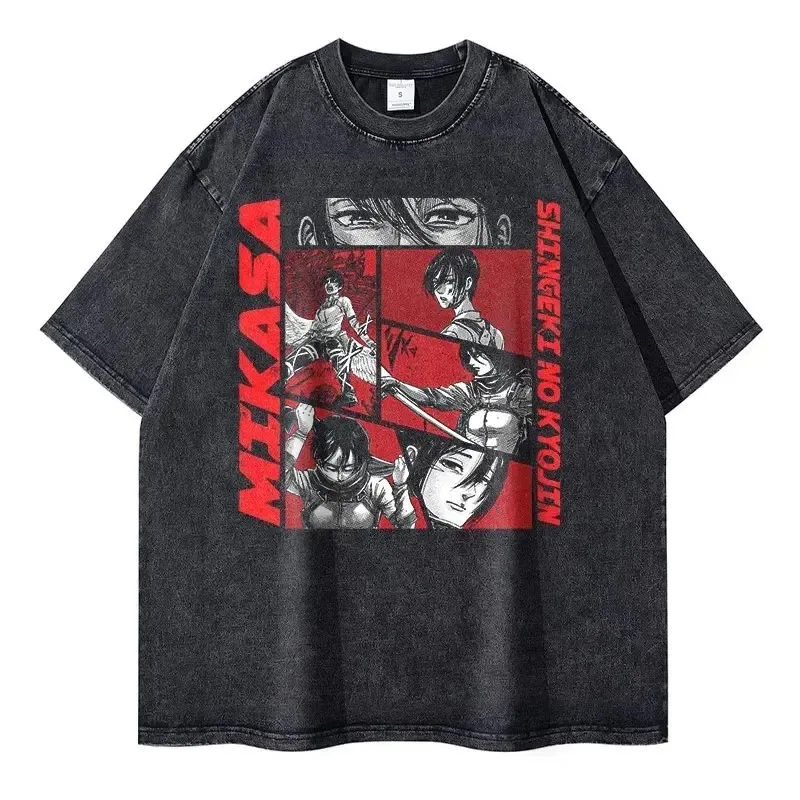 Mikasa Ackerman T-Shirt Vintage Washed Anime Attack Titan T-Shirt Levi Eren T-Shirt Shingeki No Kyojin Tops Tees 100% Cotton