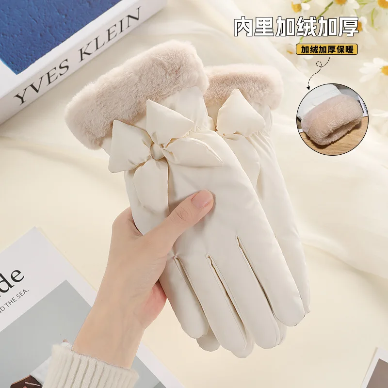 قفازات نسائية مقاومة للبرد مبطنة بالفرو سميكة شتوية دافئة للتزلج وركوب الدراجات والرياضات الخارجية شاشة لمس لطيفة للطالبات