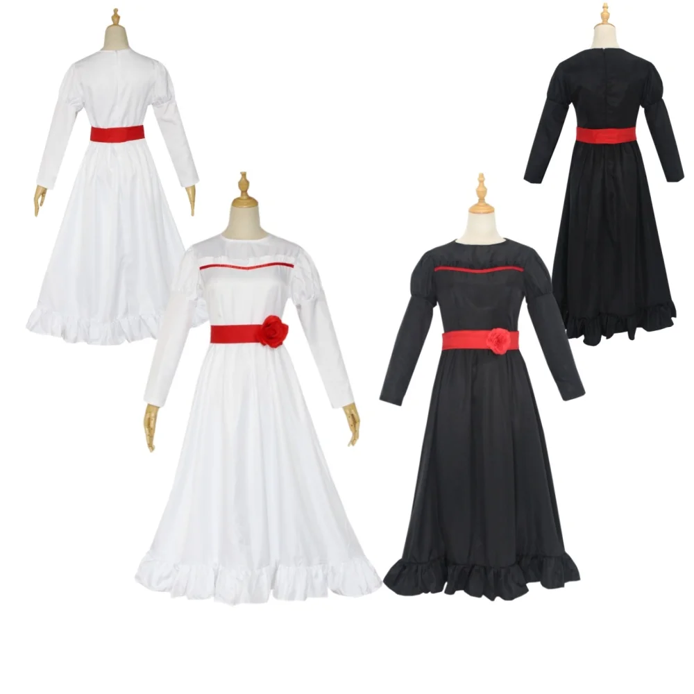 ANNA cosplay dress black and white two tone soul summoning horror doll costume long sleeved red rose waist cinching long skirt H
