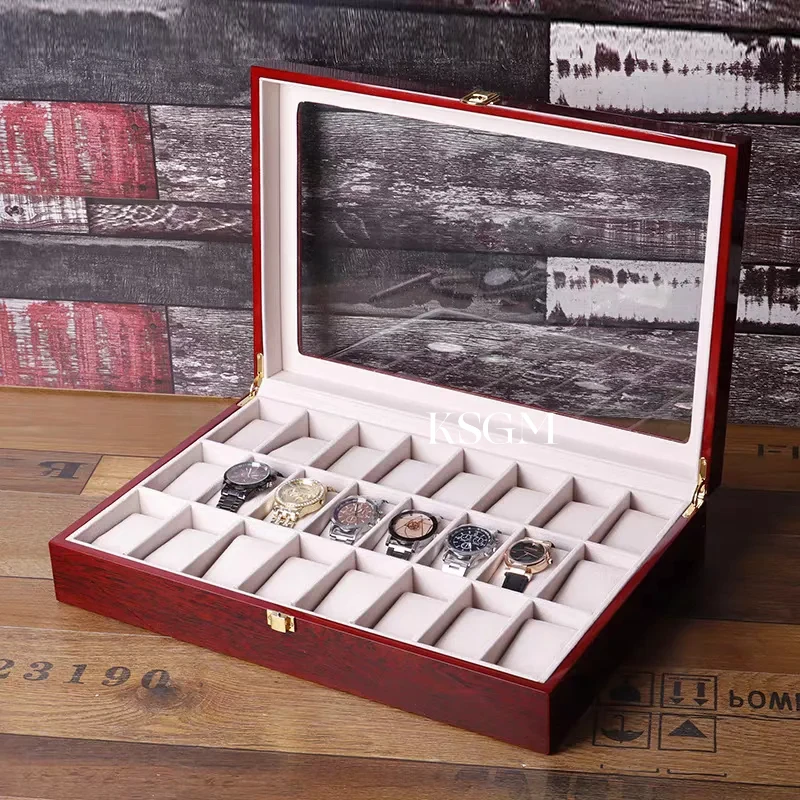 

Luxury 24 Slot Wooden Watch Organizer Display Box with Glass Top And Lock - Jewelry Storage Case for Room Display