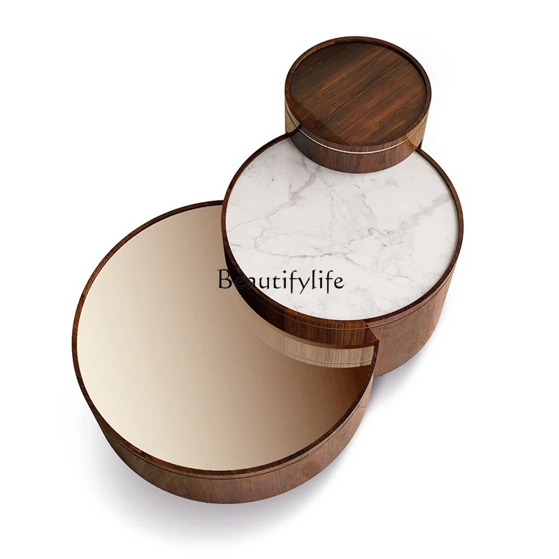 

Post-modern light luxury creative round ebony wood veneer tea table Hong Kong style living room combination round coffee table