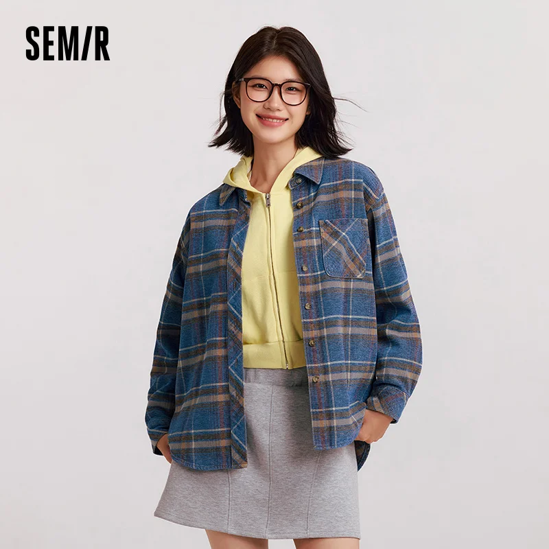

Semir рубашка с длинным рукавом женская средней длины свободная теплая клетчатая джинсовая блузка из синели 2025 зимняя блузка топы для женщин