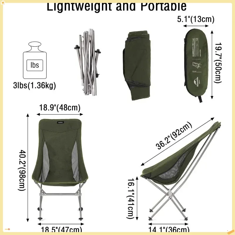 Silla plegable para acampar, ligera, con respaldo alto, compacta, para exteriores, resistente, 330 libras, portátil para adultos, senderismo, pesca, viajes