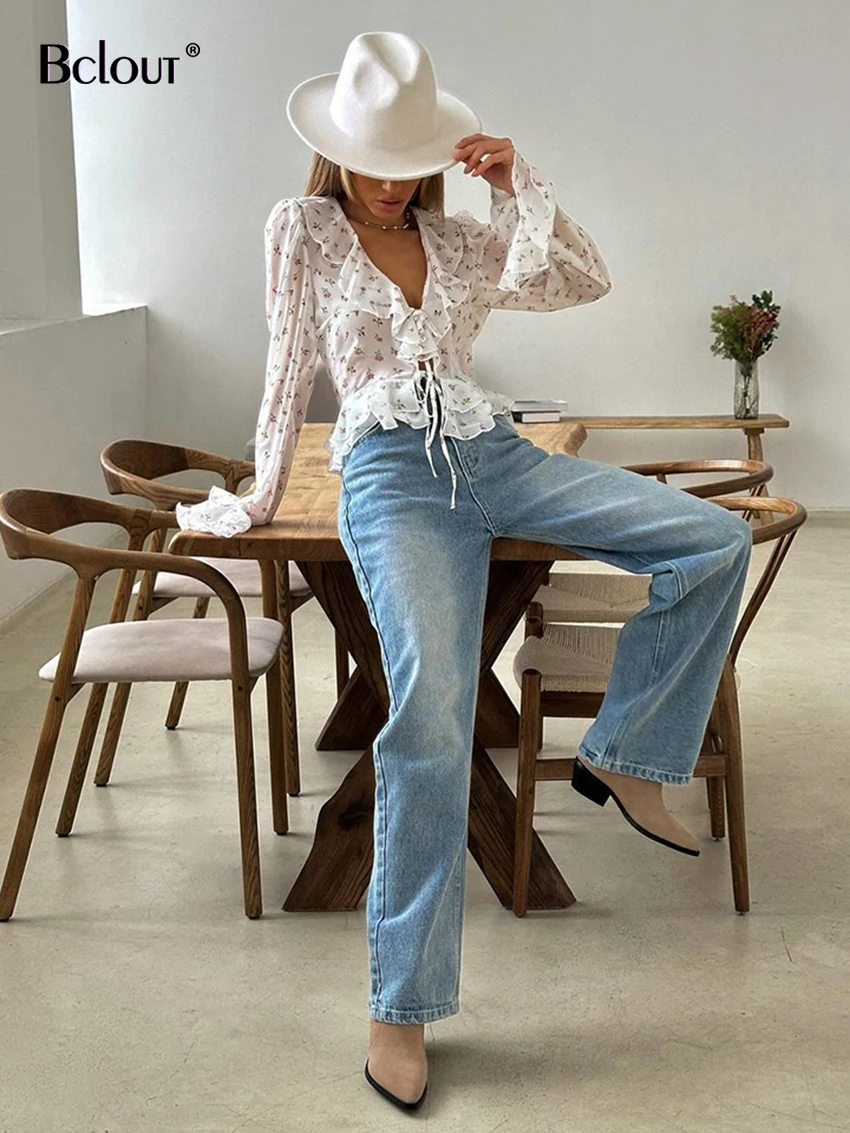 Bclout Fashion Print White Shirts Blouses Elegant Flare Sleeve Transparent Sexy Blouses V-Neck Lace-Up Thin Shirts Tops Vintage