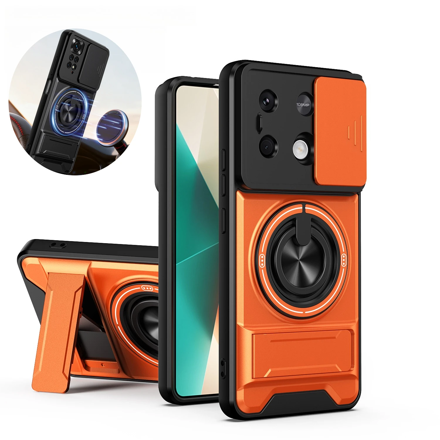 

For Redmi Note 13 Pro 4G/Redmi Note 14S 13 5G 360°rotation Magnetic phone case lens push window bracket Magsafe protective cover