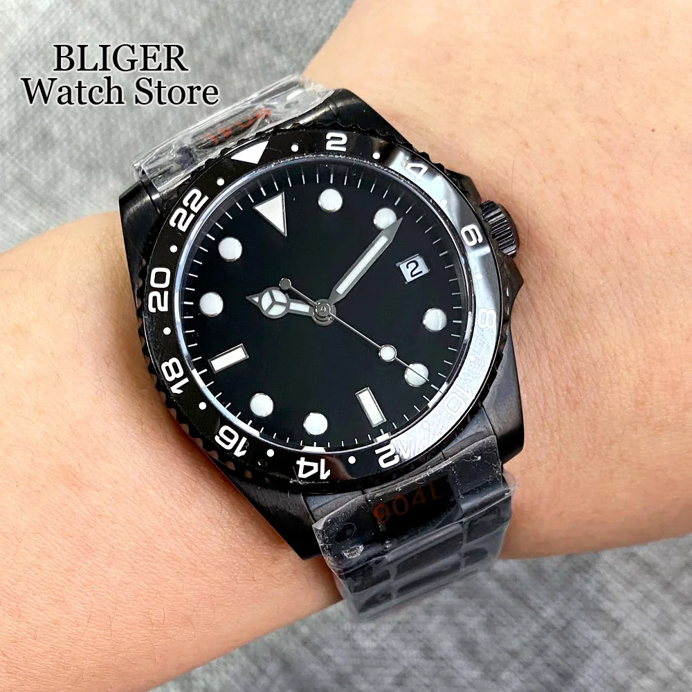 

BLIGER 36mm PVD Black Case Sterile Dial NH35A PT5000 Automatic Watch Men Flat Sapphire Glass Black Ceramics Insert Glide Lock