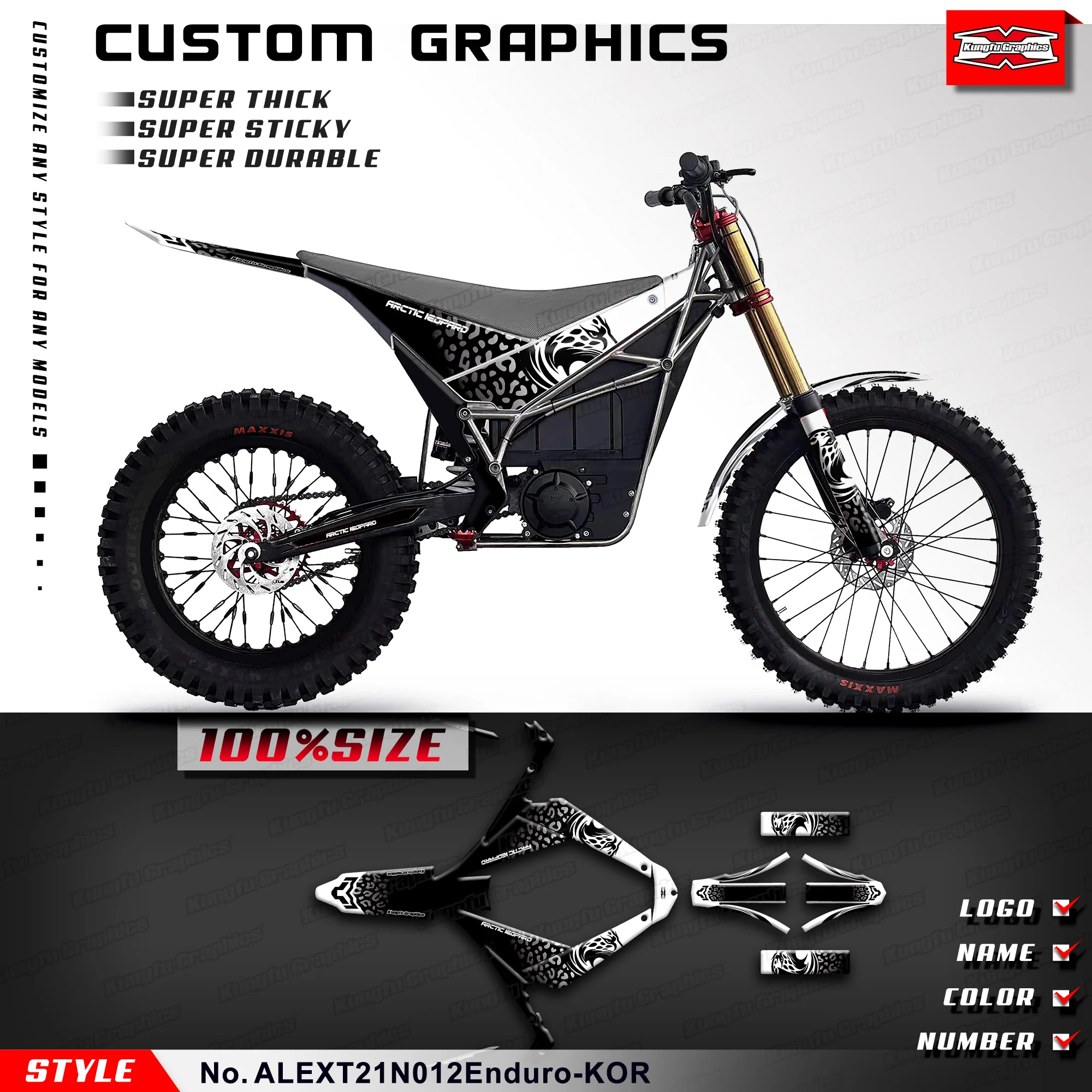

KUNGFU GRAPHICS Stickers Complete Motorcycle Graphics for Arctic Leopard E-XT Electric Off-road Enduro Trial Black White