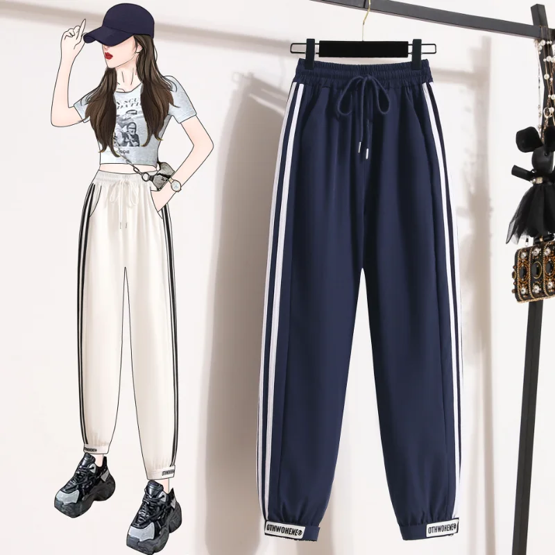 Female Side Stripes Sweatpants, Korean Version, High Waist, Hundred with Jogging, Casual Haren Pants, Summer Legging, New, 2024