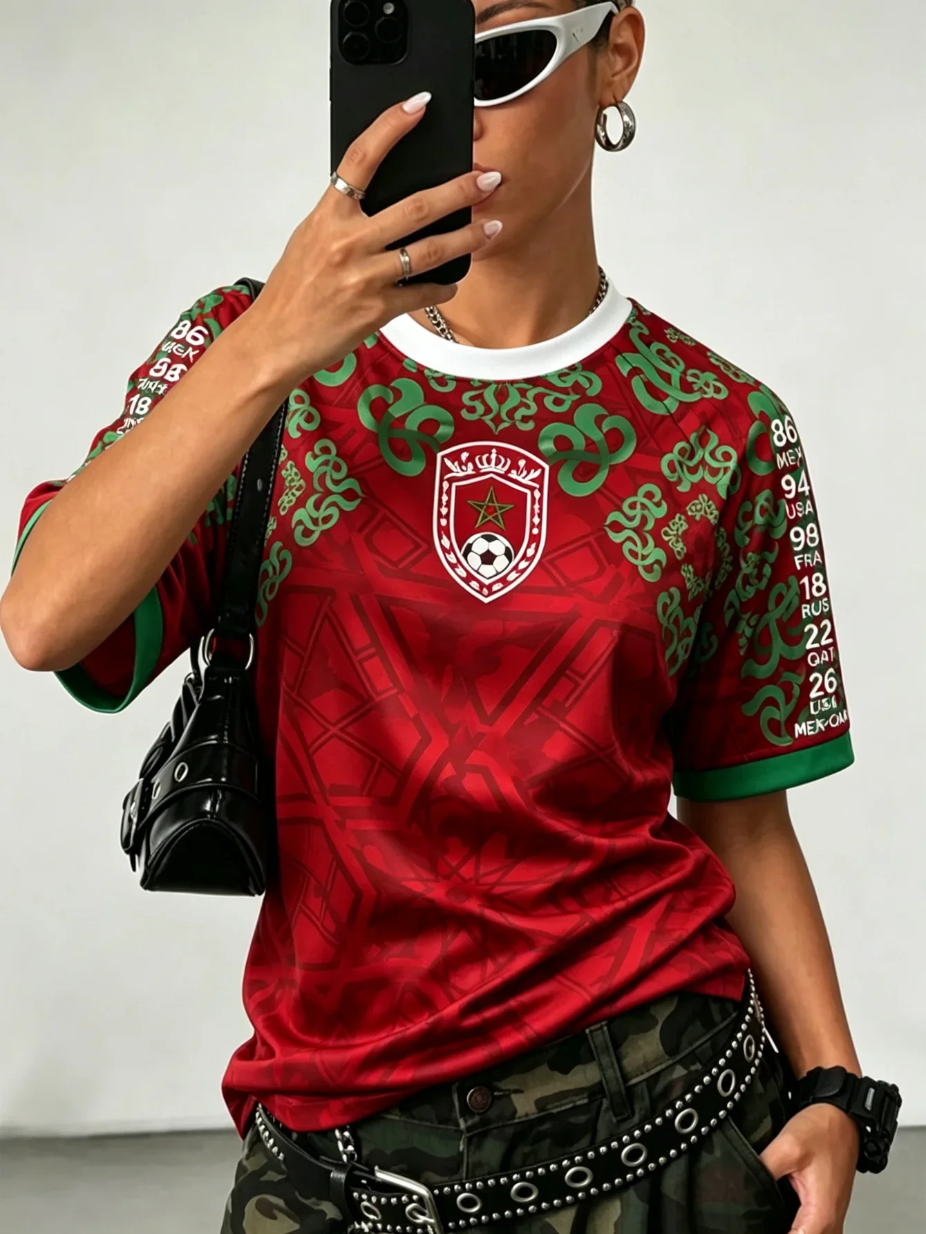 Morocco Y2K Soccer Jersey Red Green Arabic Pattern Men Women Unisex Graphic Tee Plus Size Standard Size Football Streetwear Top