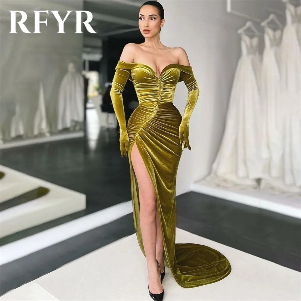 

RFYR Dubai Green Elegant Evening Dress Pleats Trumpet Arabic Israel Prom Dress Off the Shoulder Formal Party Gown Customized