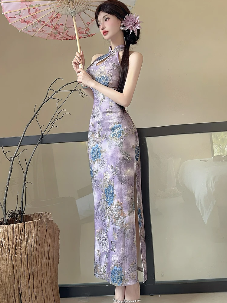 الصيف الأرجواني الأزهار الوقوف طوق شيونغسام فستان المرأة الكورية الفاخرة فستان أنيق ثوب 2025 خمر Bodycon فستان سهرة للحفلات #6