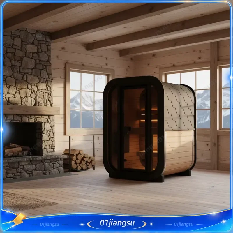 2 Person Outdoor Hemlock Solid Wood Panoramic Cube Sauna Room with Wood Burning Stove Portable Home Spa Heat Therapy Wellness