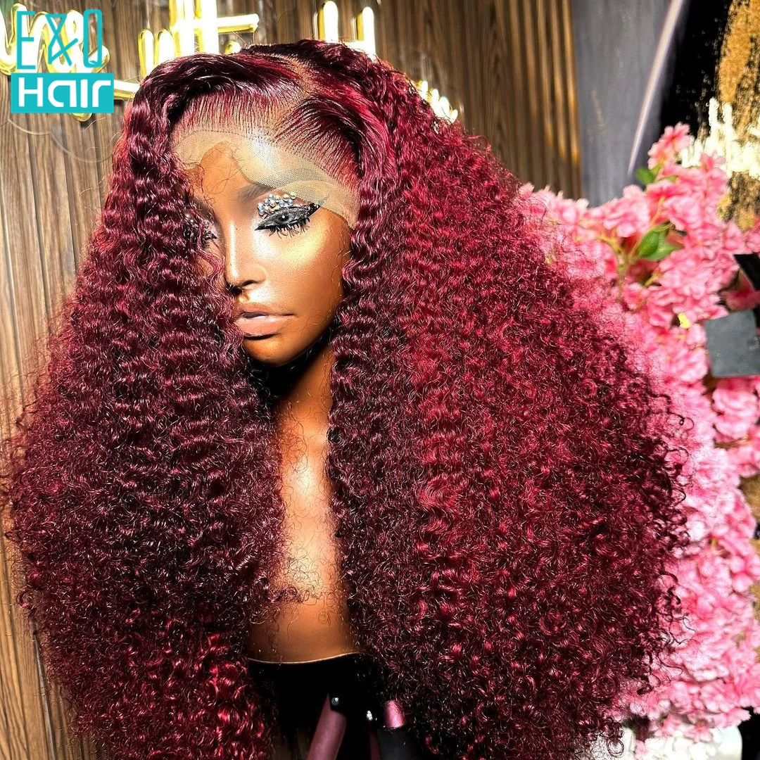 250% Burgundy Curly Lace Front Human Hair Wigs Full 13x6 99J Colored Deep Wave Frontal Wig Red Transparent Large Lace Part