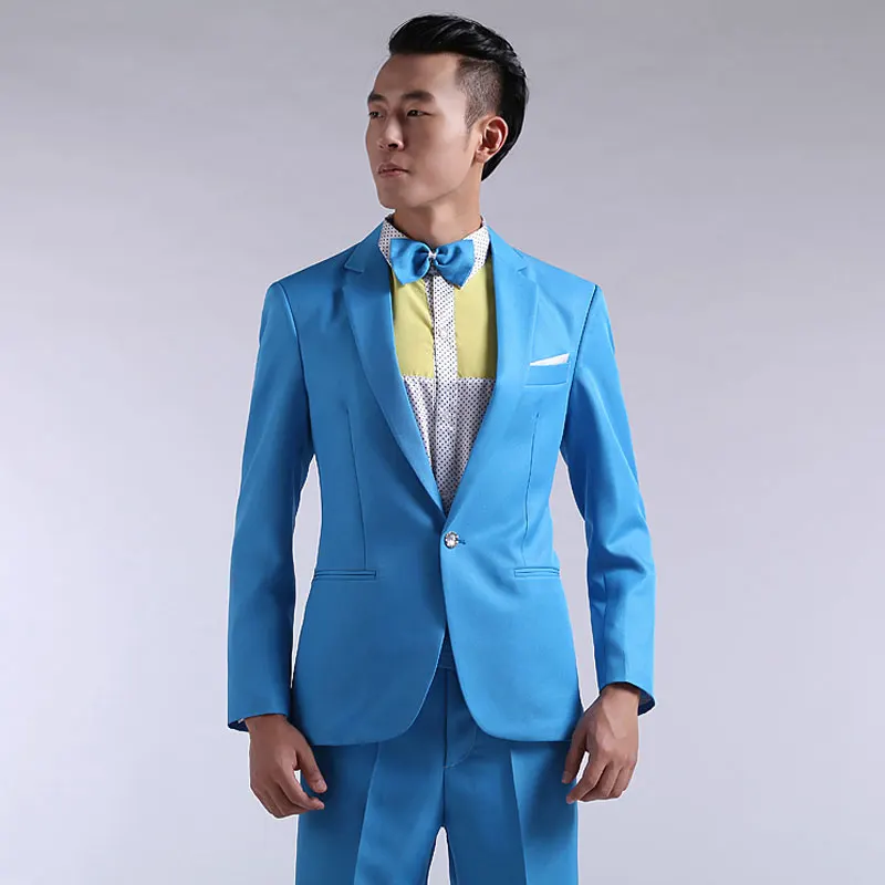 Mens Suit New Long-sleeved Men\'s Suits Pants Hosted Theatrical Tuxedos Wedding Prom Male Red Yellow Blue Formal Regular Clothes