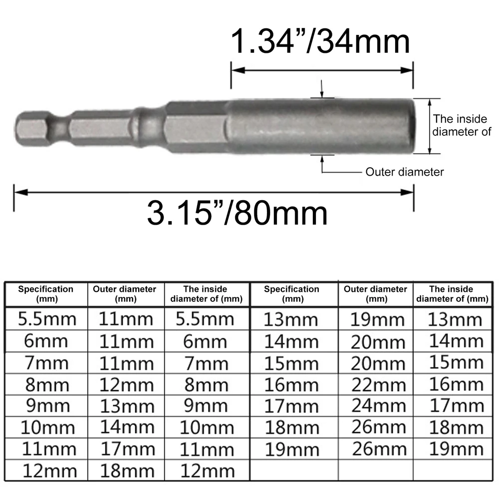 5.5-19mm Deepened Nut Drive Drill Bit Kit Set 80mm Hex Shank Driver Drills Power Screwdriver Tool Electric Impact Socket Adapter