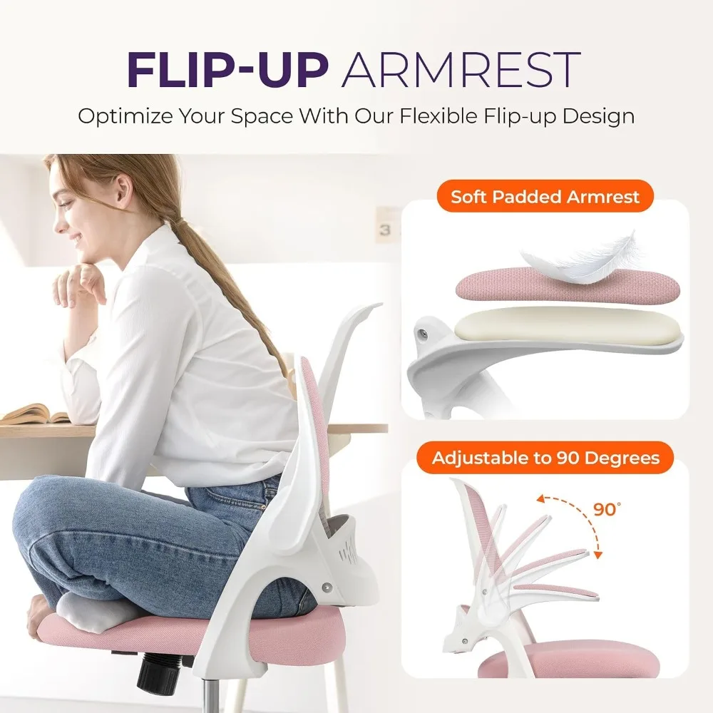 Ergonomic Mesh Office Chair with Lumbar Support, Adjustable Height & Flip-up Arms, Swivel Rolling Wheels, Pink view 5