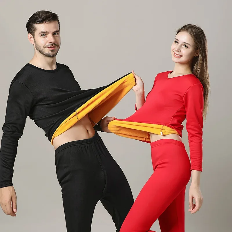 Winter Men Thermal Underwear Long Johns Women Warm Solid Color Long Johns Sets Tops+Pants Couple Underwear Set