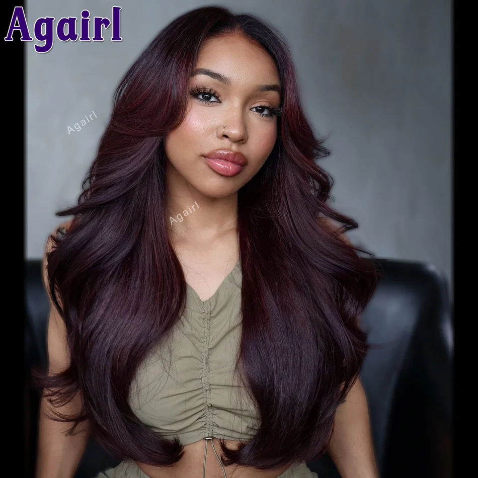 Peruca de onda frontal do corpo com renda para mulheres, cabelo humano, fecho transparente, pré-arrancado, vermelho escuro, roxo, 13x6, 13x4, 5X5, 200% Densidade