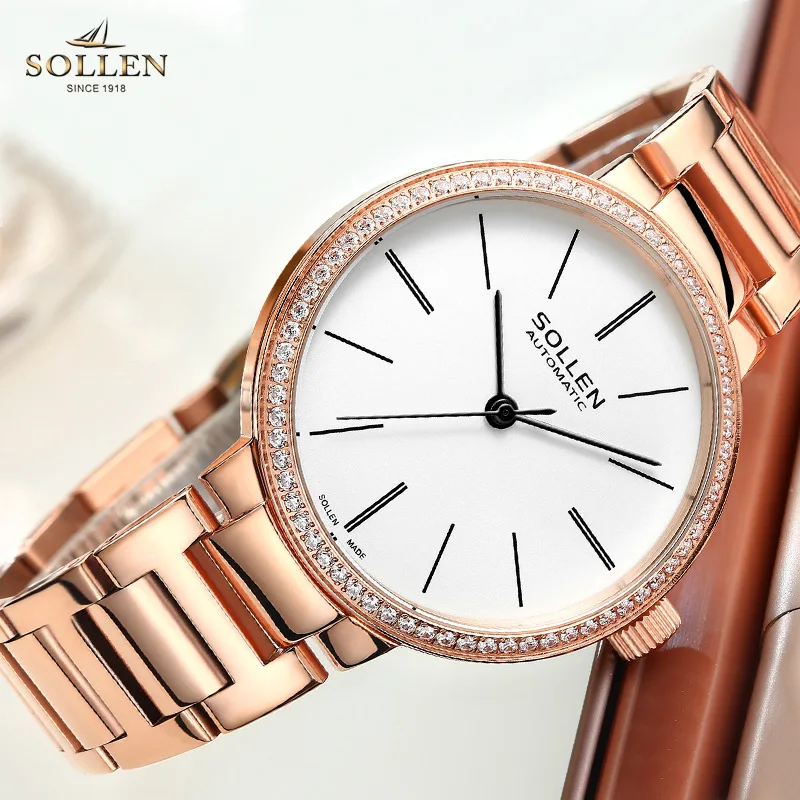 SOLLEN Brand High-end Fashion Mechanical Watch Women Waterproof Luxury Rose Gold Stainless Steel Strap Automatic Watches Womens