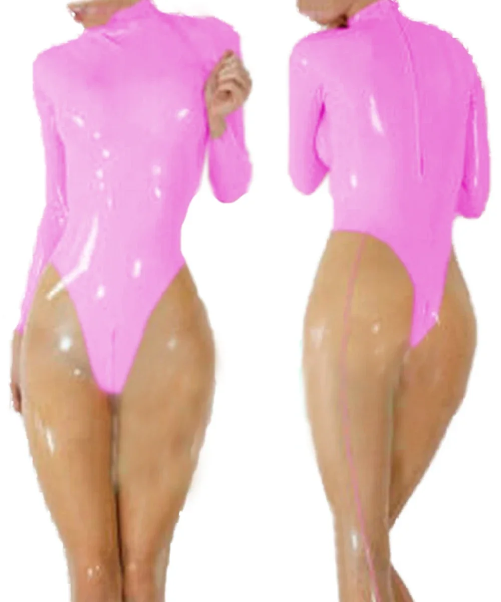 Women's Long Sleeve Shiny PVC Bodysuit, Sexy Catsuit, Streetwear, Front Zipper, Open Crotch, Wet Look, Exotic Clubwear, Custom