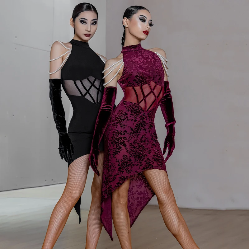 Vestido profesional de baile latino de gama alta para mujer, vestidos de rendimiento de baile de salón, ropa de baile de rendimiento rojo y negro, DWY9555