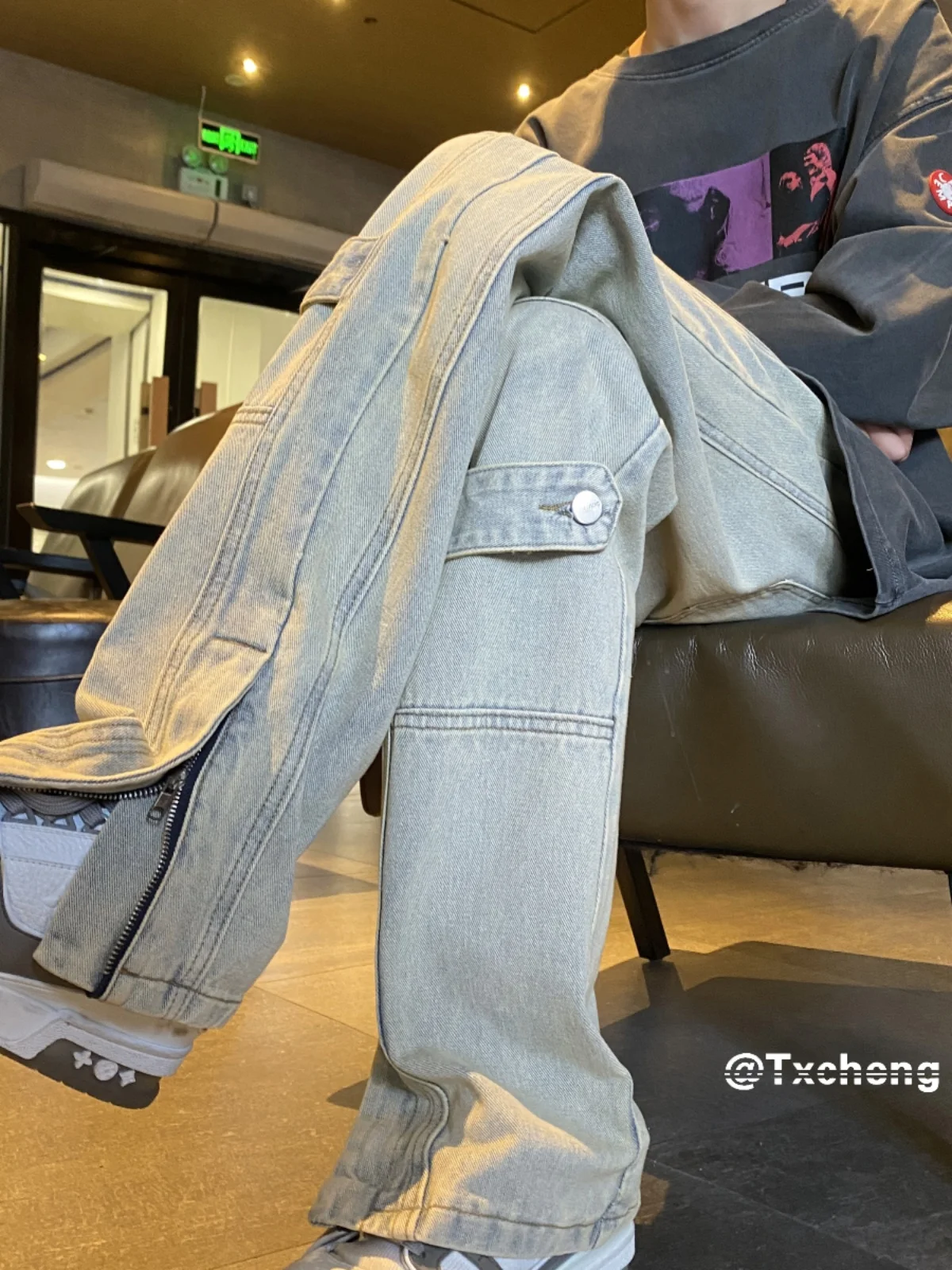 

American Retro Workwear Jeans Men's Trendy High Street Straight Leg Micro Flared Pants Autumn New Style Durable Wear Resistant