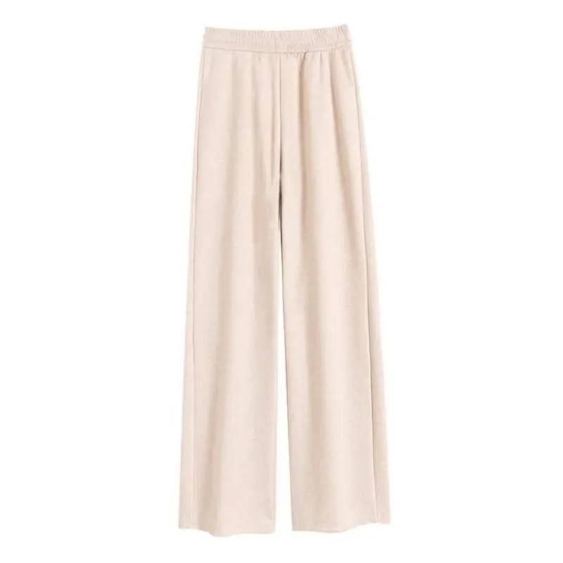 Calça de perna larga grossa feminina, cintura elástica, longa, forrado com lã, de tricô, calça quente, outono, inverno, coreano