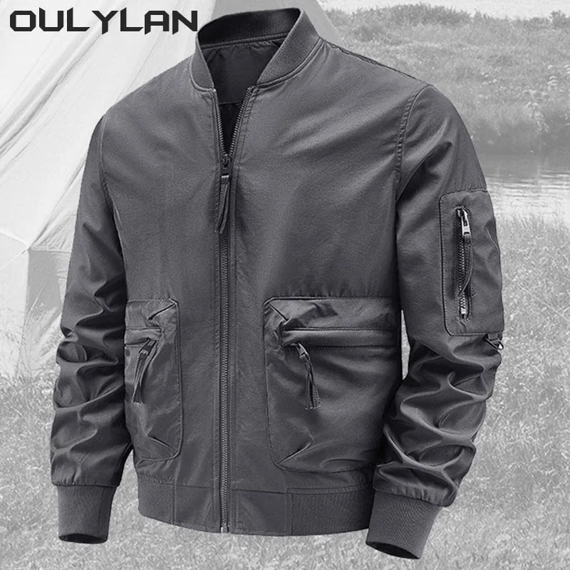 Oulylan  Men's Fashion Pilot Jacket Waterproof Military Tactical Jacket Long Sleeve Solid Color Front Zipper Casual Menswear