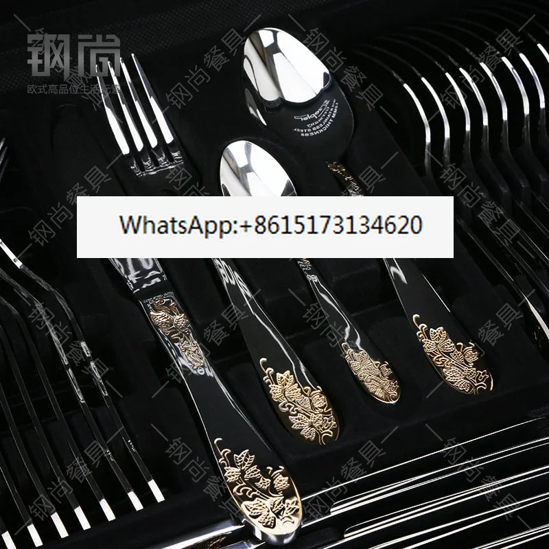Talheres ocidentais de aço inoxidável, facas, garfos e colheres banhadas a ouro, conjunto de três peças